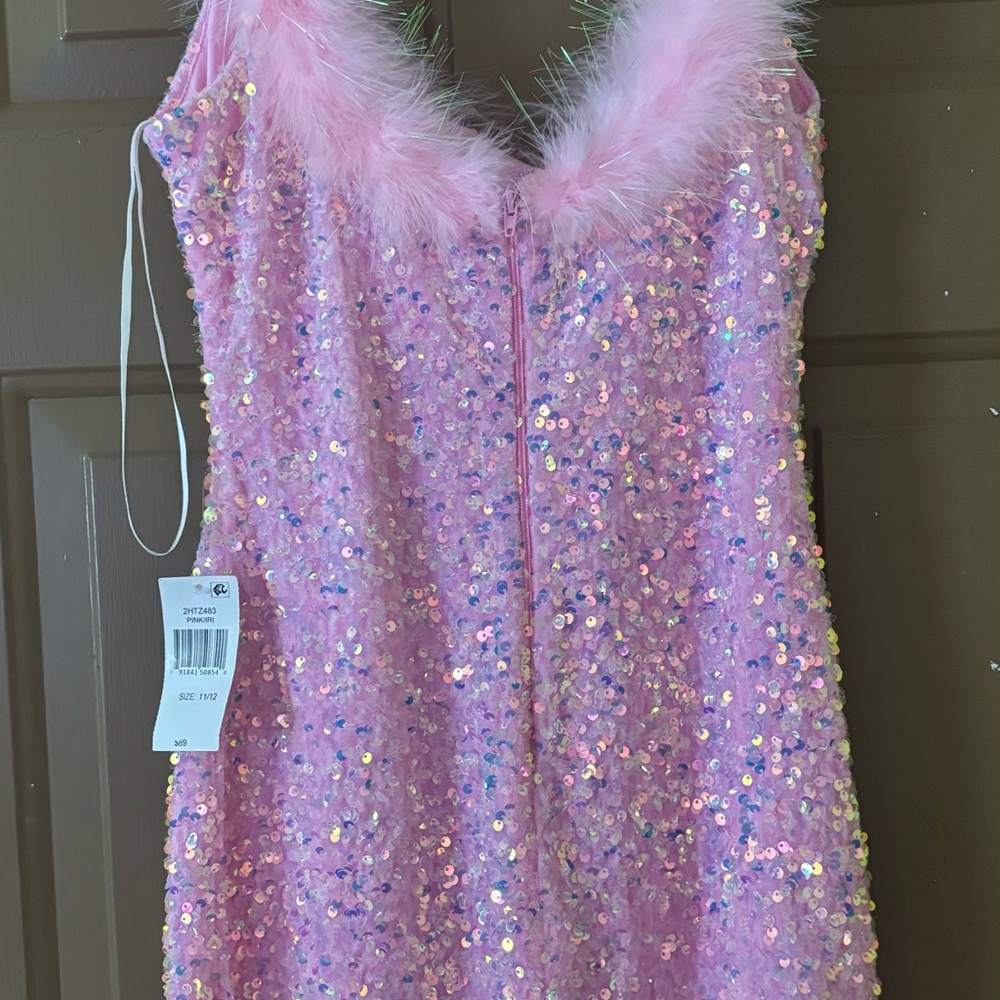 Pink Sequin Dress with Feather Trim